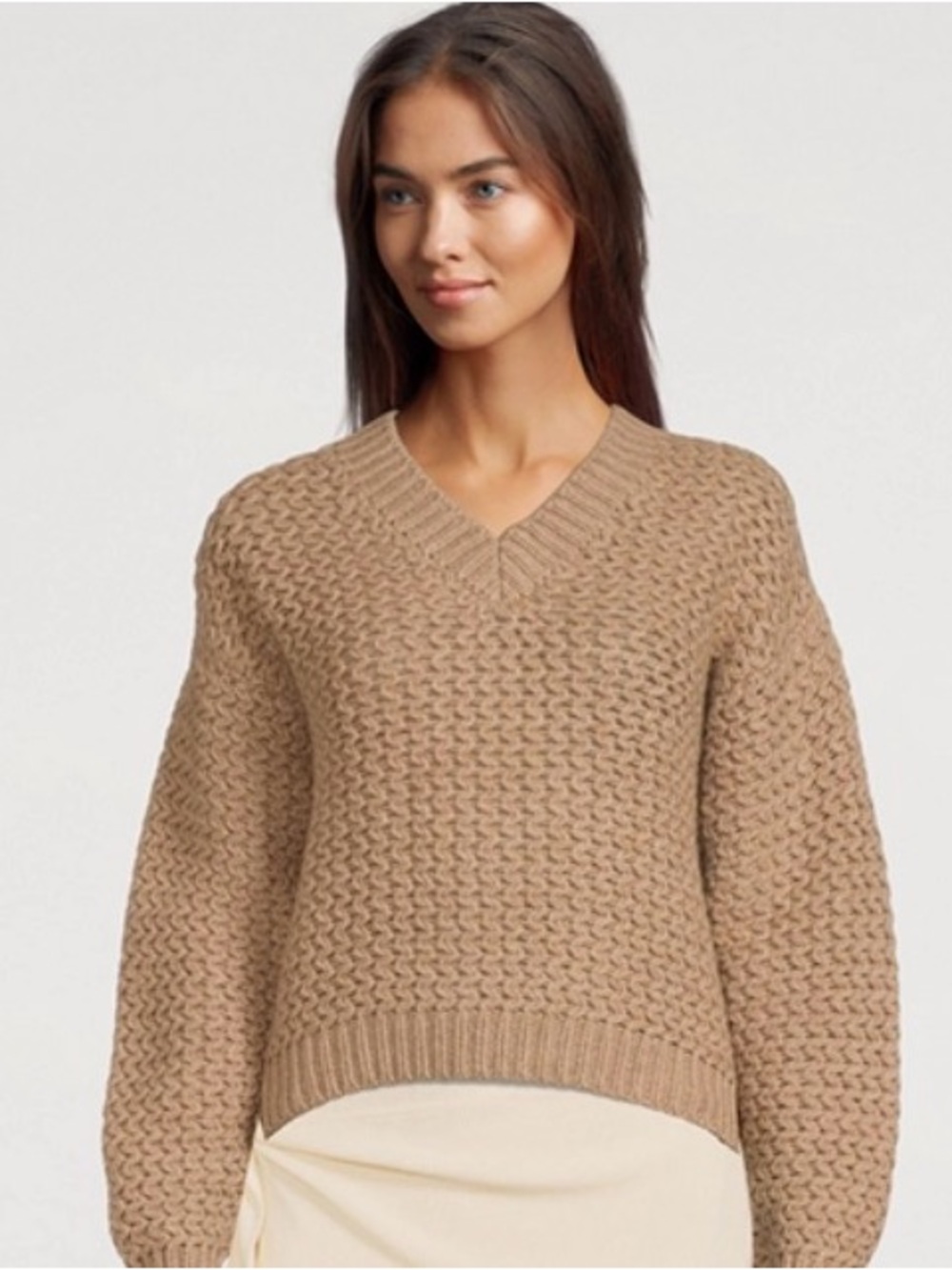 The Elder Statesman Cashmere Rope Stitch V-neck in Camel Colour Size Medium